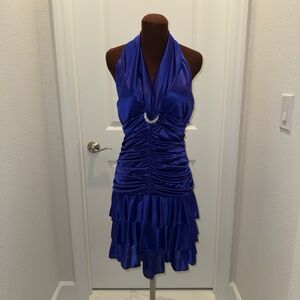 Y2K royal blue mini dress halter with rooshing ruffle skirt SIZE LRG mymichelle